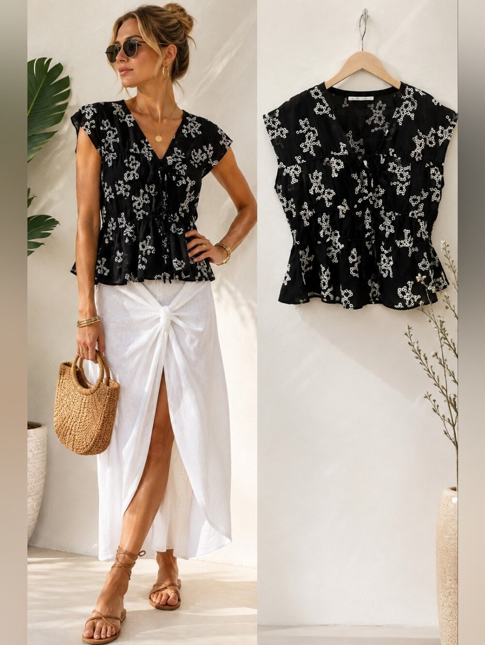 Ellen Tracy Black Cotton Blouse with Ivory Floral Embroidery – New Without Tags